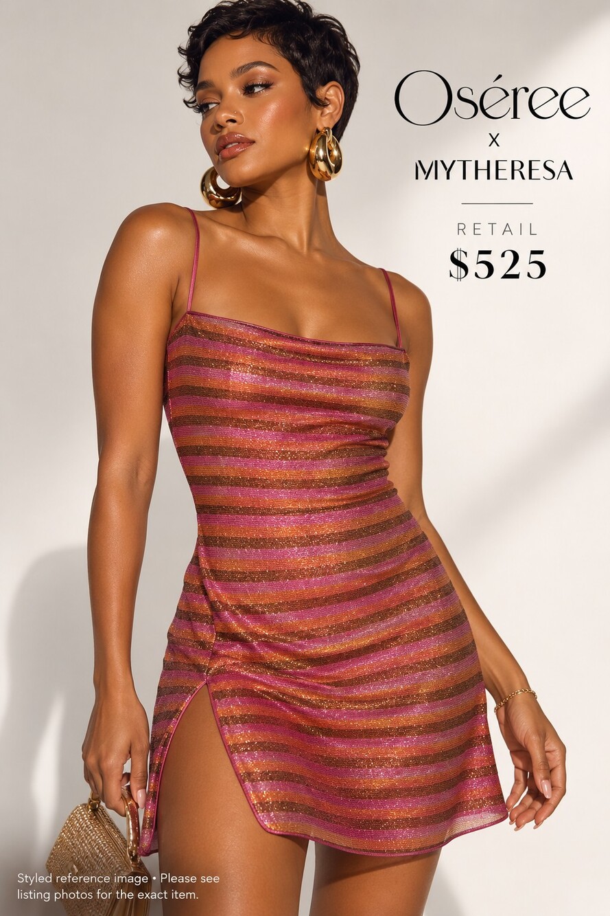 Oseree Lumière Striped Minidress Striped Mini Dress in Pink & Brown Size Small